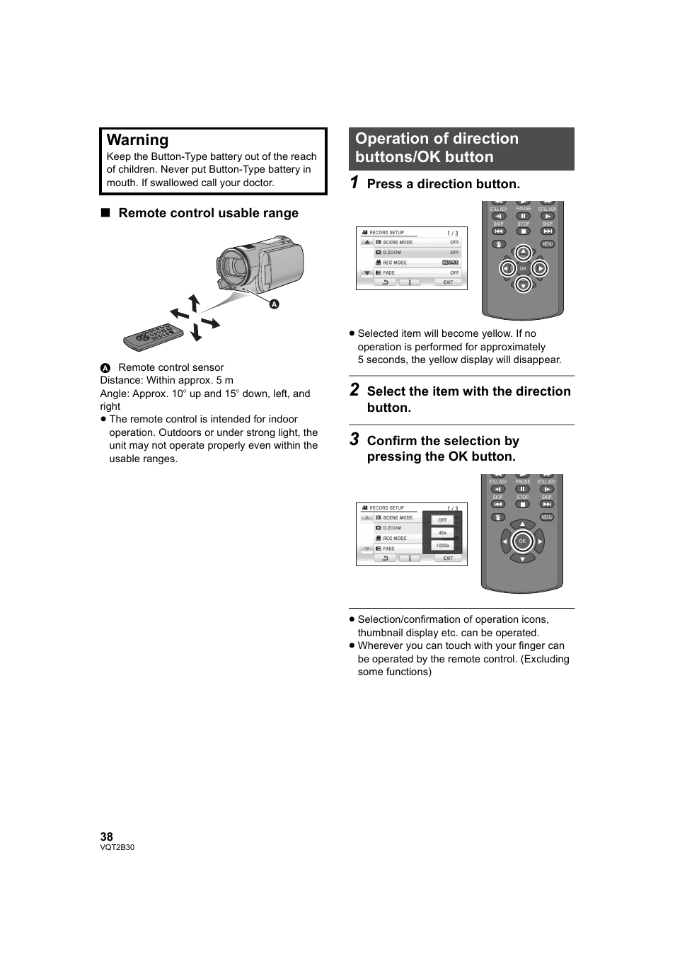 Operation of direction buttons/ok button, Operation of direction buttons/ ok button, L 38) | Warning, Remote control usable range, Press a direction button, Select the item with the direction button, Confirm the selection by pressing the ok button | Philips AVCHD HDC-TM20 User Manual | Page 38 / 148