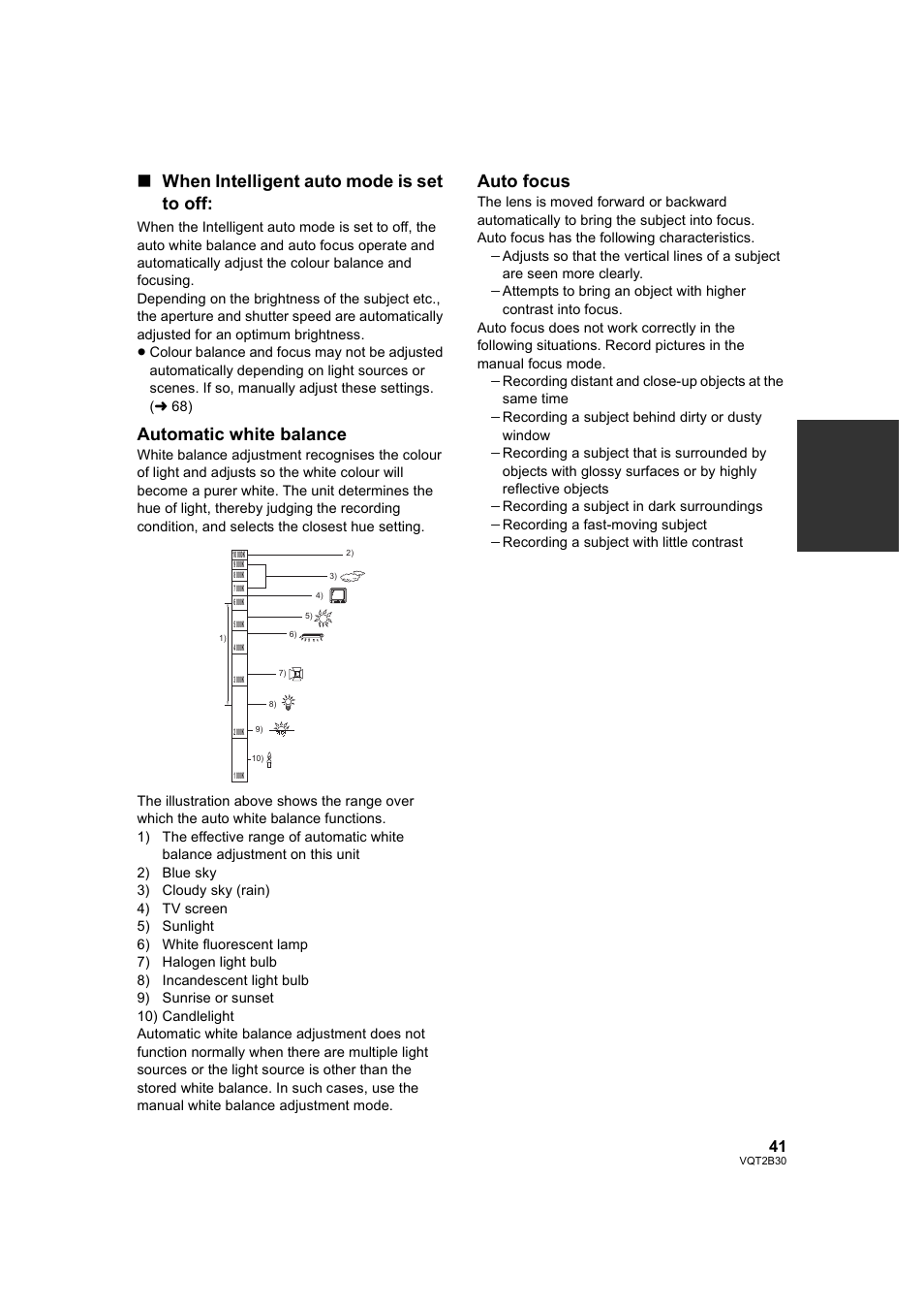 When intelligent auto mode is set to off, Automatic white balance, Auto focus | Philips AVCHD HDC-TM20 User Manual | Page 41 / 148