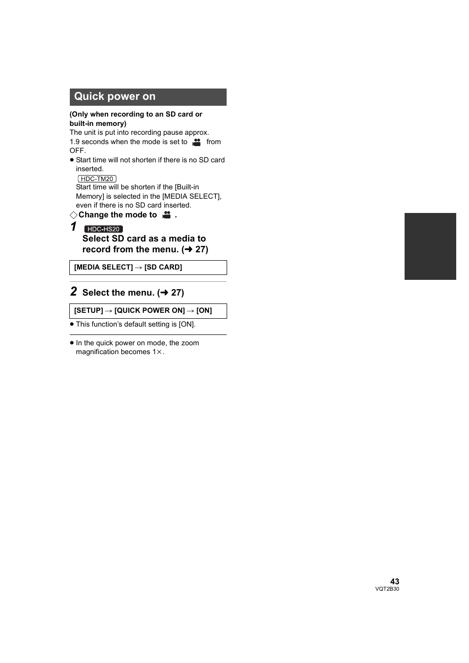 Quick power on, L 43) | Philips AVCHD HDC-TM20 User Manual | Page 43 / 148