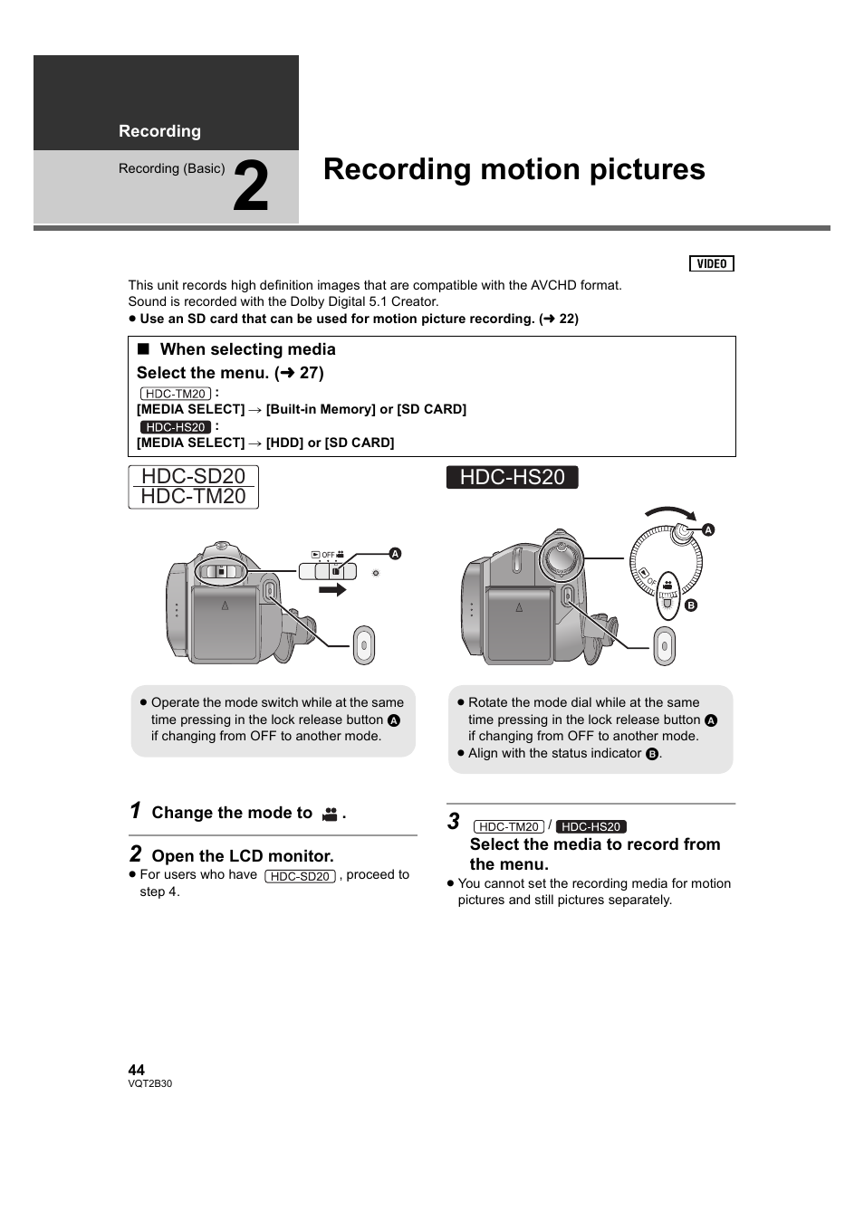 Recording motion pictures, 2] recording motion pictures, L 44) | L 44, Hdc-sd20 hdc-tm20, Hdc-hs20 | Philips AVCHD HDC-TM20 User Manual | Page 44 / 148