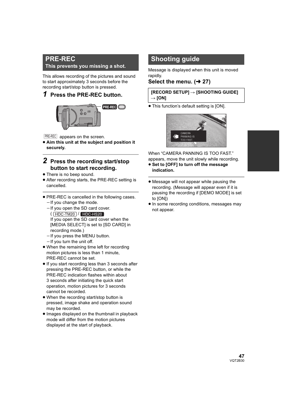 Pre-rec, Shooting guide, Pre-rec shooting guide | L 47) | Philips AVCHD HDC-TM20 User Manual | Page 47 / 148