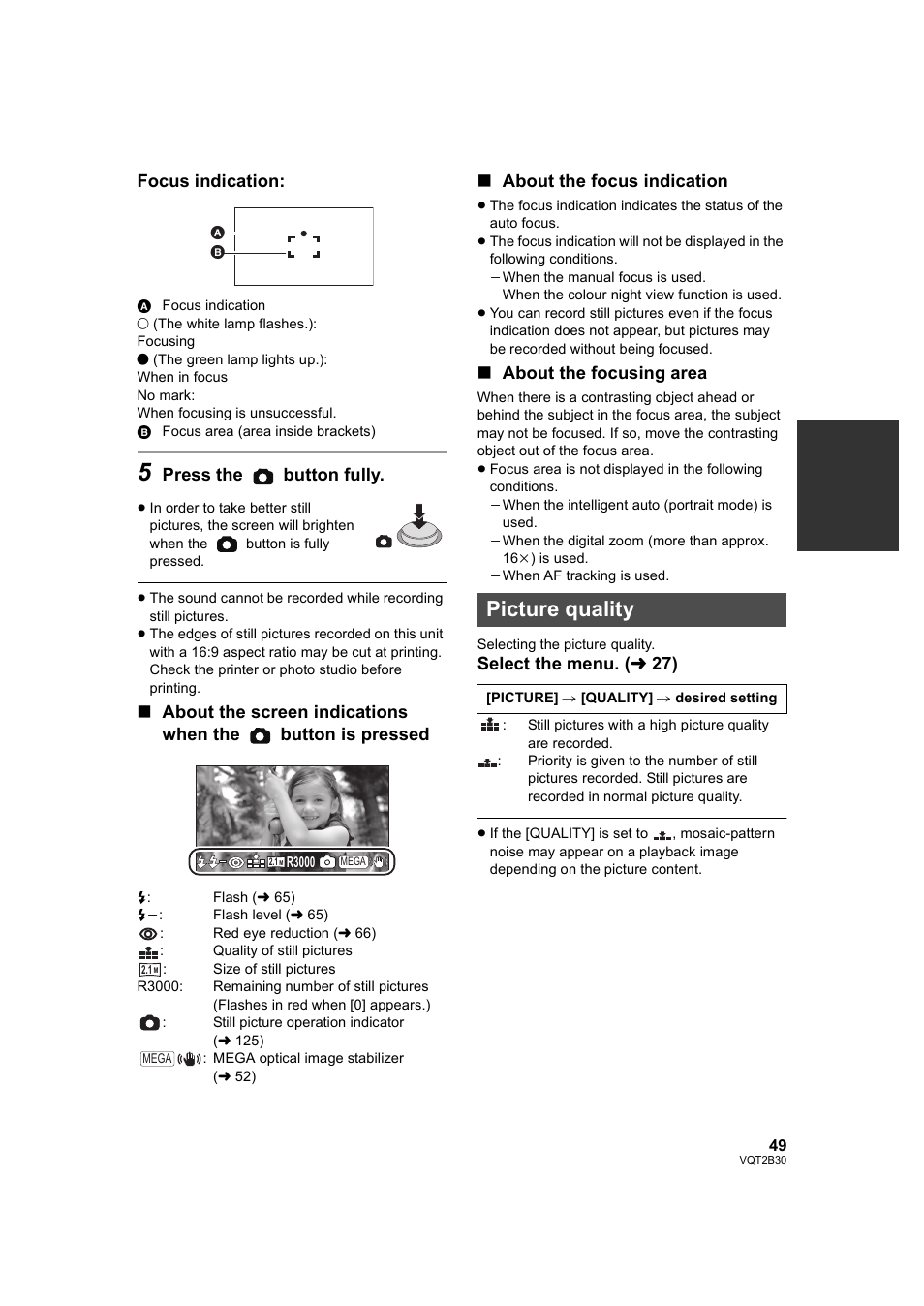 Picture quality, L 49), Focus indication | Press the button fully, About the focus indication, About the focusing area, Select the menu. ( l 27) | Philips AVCHD HDC-TM20 User Manual | Page 49 / 148