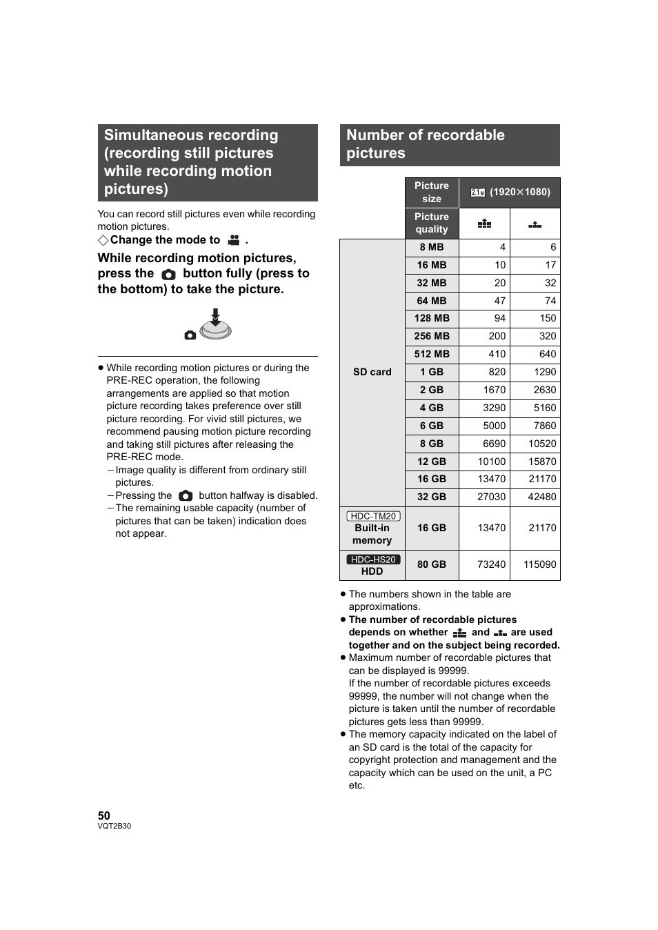 Number of recordable pictures | Philips AVCHD HDC-TM20 User Manual | Page 50 / 148