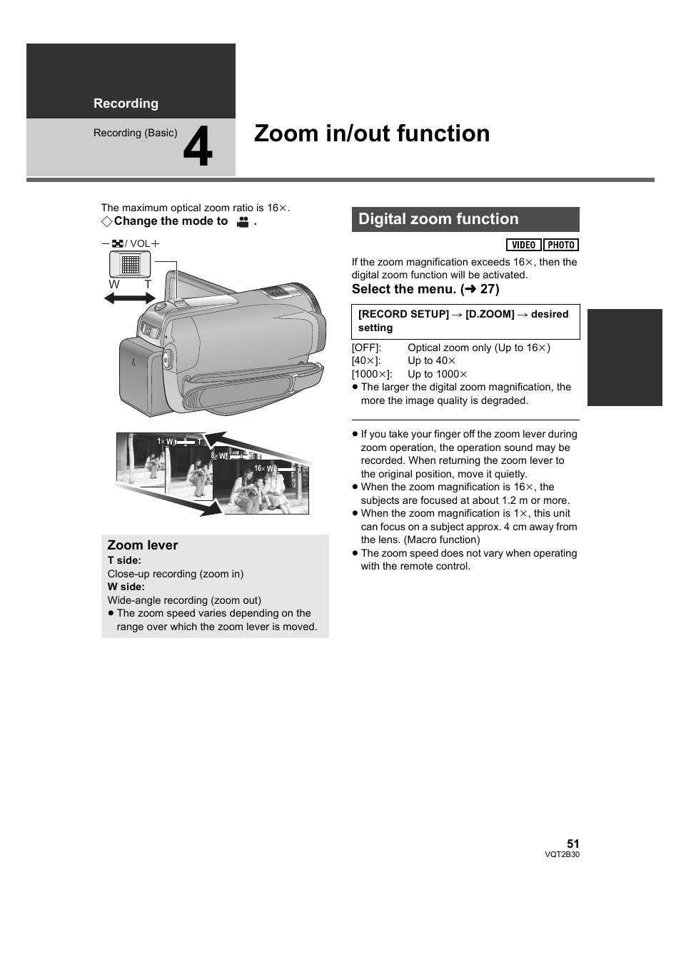 Zoom in/out function, Digital zoom function, 4] zoom in/out function | L 51), Recording, Select the menu. ( l 27), Zoom lever | Philips AVCHD HDC-TM20 User Manual | Page 51 / 148
