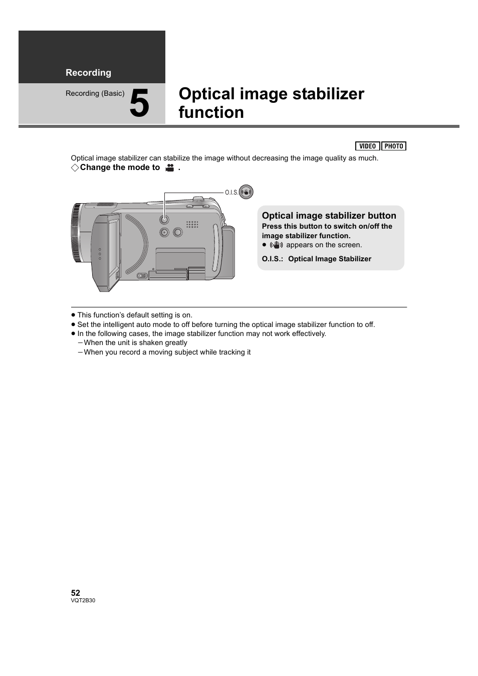 Optical image stabilizer function, 5] optical image stabilizer function, L 52) | L 52) t | Philips AVCHD HDC-TM20 User Manual | Page 52 / 148
