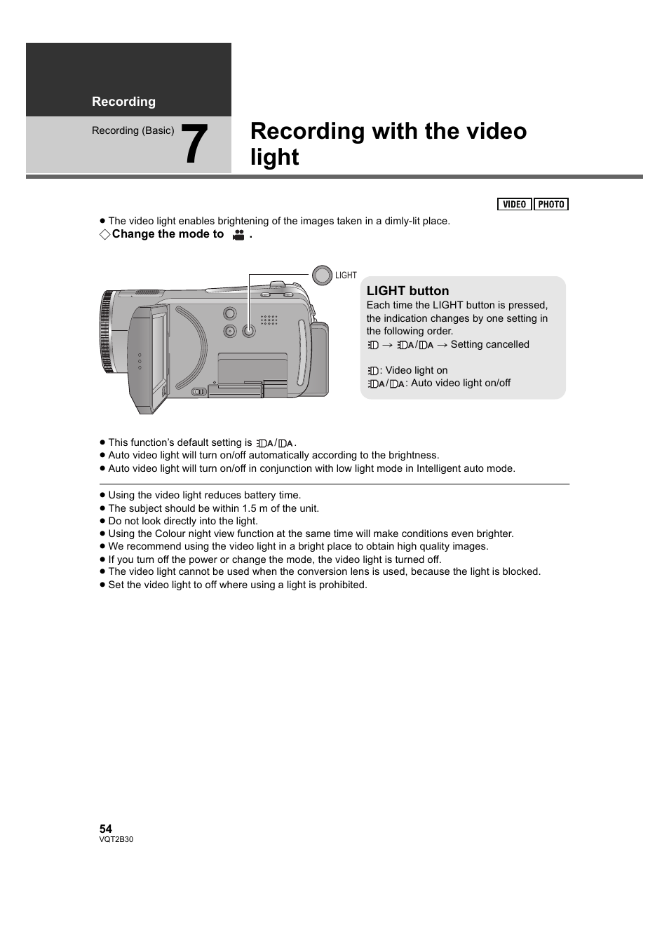 Recording with the video light, 7] recording with the video light, L 54 | L 54) | Philips AVCHD HDC-TM20 User Manual | Page 54 / 148