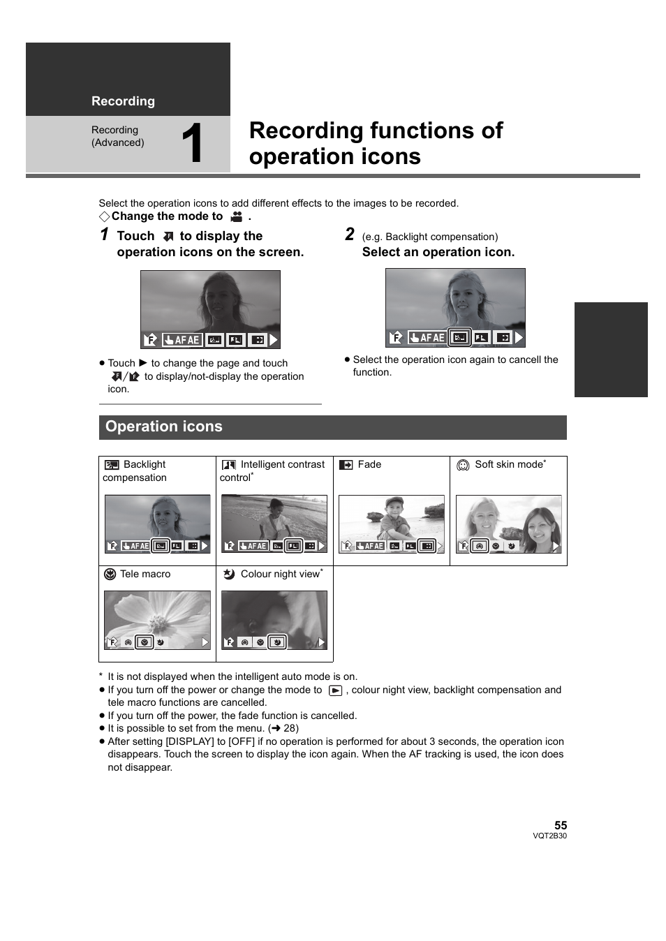 Recording (advanced), Recording functions of operation icons, Operation icons | 1] recording functions of operation, Icons operation icons | Philips AVCHD HDC-TM20 User Manual | Page 55 / 148