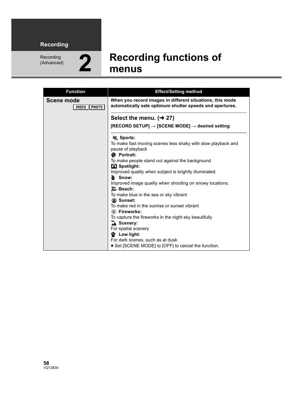 Recording functions of menus, 2] recording functions of menus, L 58) | Philips AVCHD HDC-TM20 User Manual | Page 58 / 148