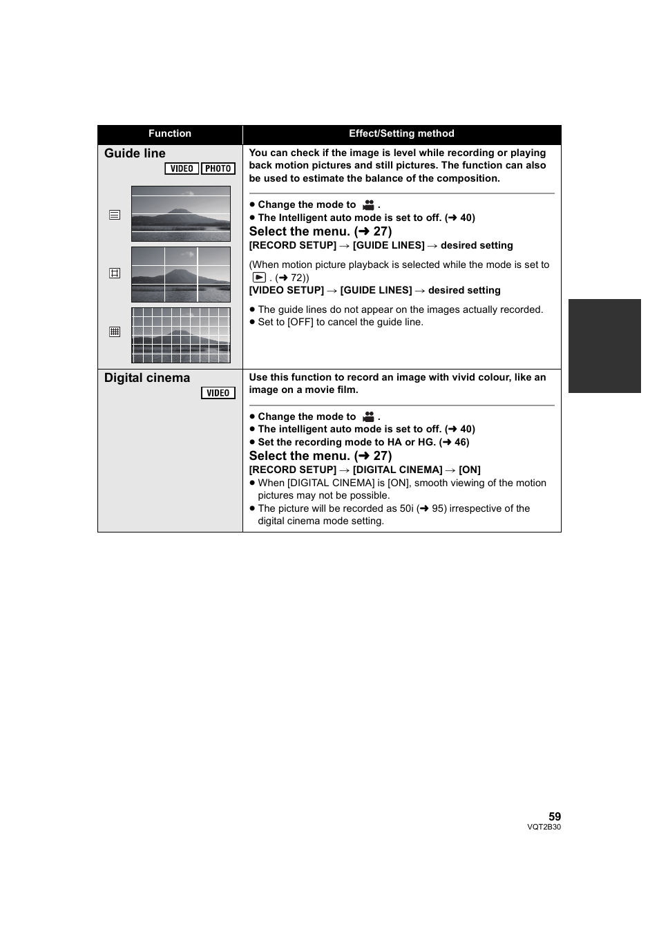 L 59), L 56), Guide line | Select the menu. ( l 27), Digital cinema | Philips AVCHD HDC-TM20 User Manual | Page 59 / 148