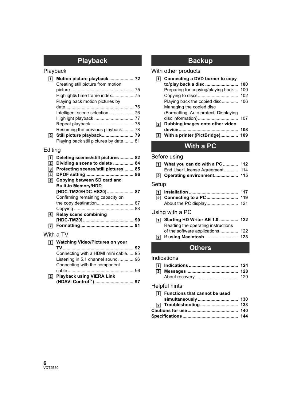 Playback, Backup, With a pc | Others | Philips AVCHD HDC-TM20 User Manual | Page 6 / 148