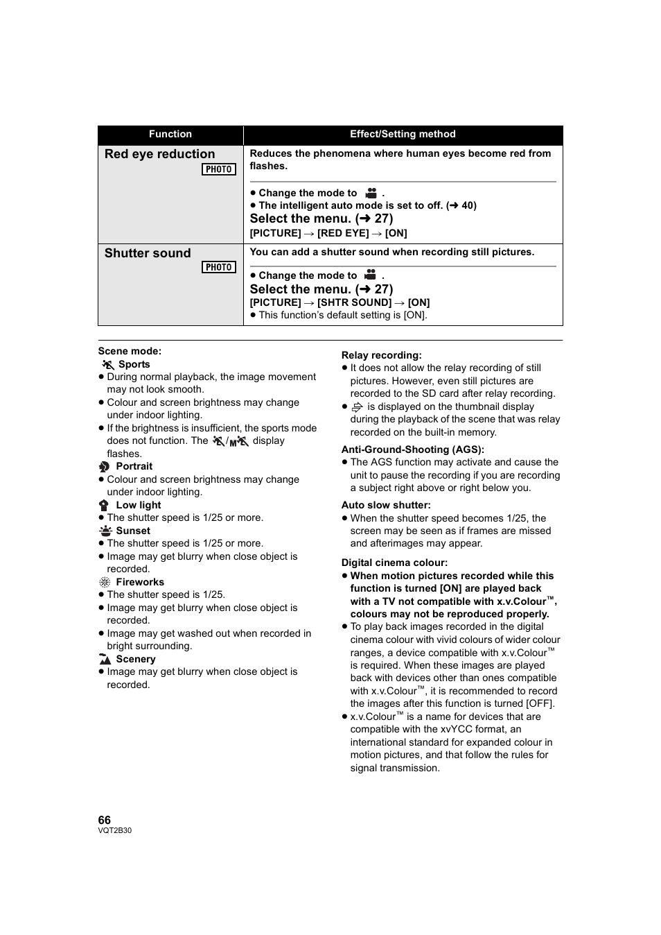 L 66), On (l 66), Red eye reduction | Select the menu. ( l 27), Shutter sound | Philips AVCHD HDC-TM20 User Manual | Page 66 / 148