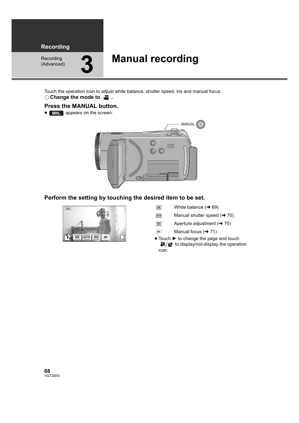 Manual recording, 3] manual recording, L 68) | Philips AVCHD HDC-TM20 User Manual | Page 68 / 148