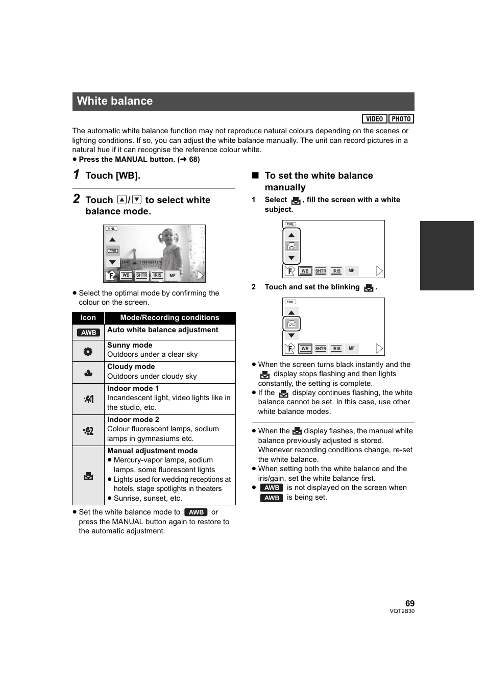 White balance, L 69), Touch [wb | Touch / to select white balance mode | Philips AVCHD HDC-TM20 User Manual | Page 69 / 148