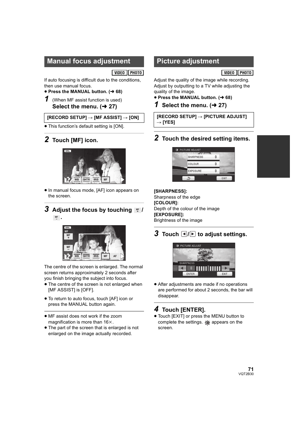 Manual focus adjustment, Picture adjustment, Manual focus adjustment picture adjustment | L 71) | Philips AVCHD HDC-TM20 User Manual | Page 71 / 148