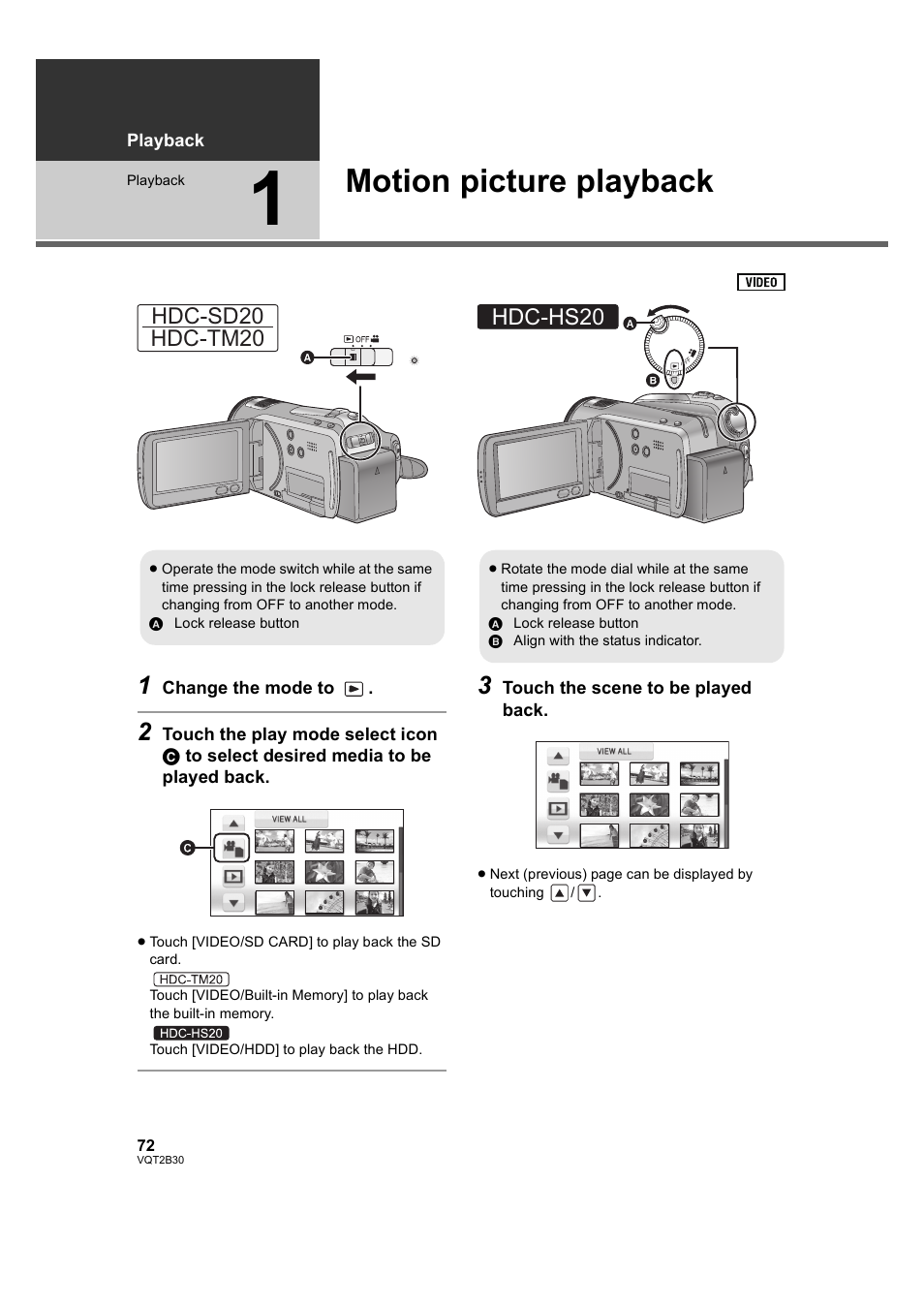 Playback, Motion picture playback, Layback | 1] motion picture playback, E ( l 72, L 72)), Hdc-sd20 hdc-tm20, Hdc-hs20 | Philips AVCHD HDC-TM20 User Manual | Page 72 / 148