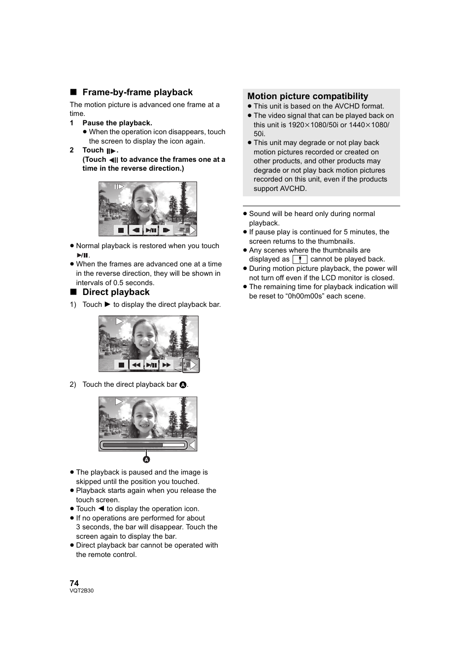 Frame-by-frame playback, Direct playback, Motion picture compatibility | Philips AVCHD HDC-TM20 User Manual | Page 74 / 148