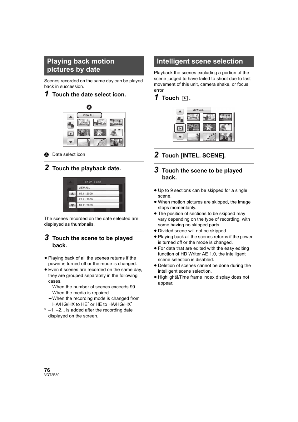 Playing back motion pictures by date, Intelligent scene selection, L 76) | Philips AVCHD HDC-TM20 User Manual | Page 76 / 148
