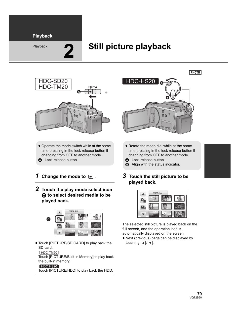 Still picture playback, 2] still picture playback, Hdc-sd20 hdc-tm20 | Hdc-hs20 | Philips AVCHD HDC-TM20 User Manual | Page 79 / 148