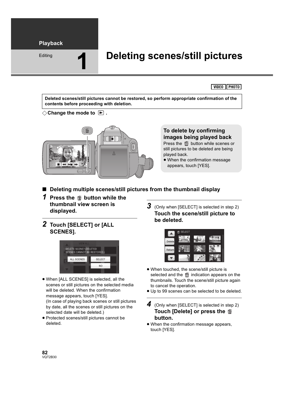 Editing, Deleting scenes/still pictures, 1] deleting scenes/still pictures | L 82) | Philips AVCHD HDC-TM20 User Manual | Page 82 / 148