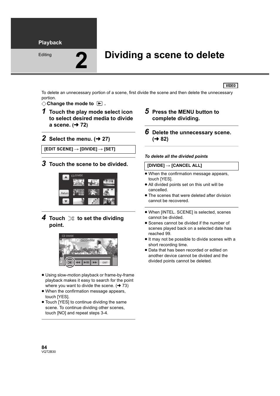 Dividing a scene to delete, 2] dividing a scene to delete, L 84) | Philips AVCHD HDC-TM20 User Manual | Page 84 / 148