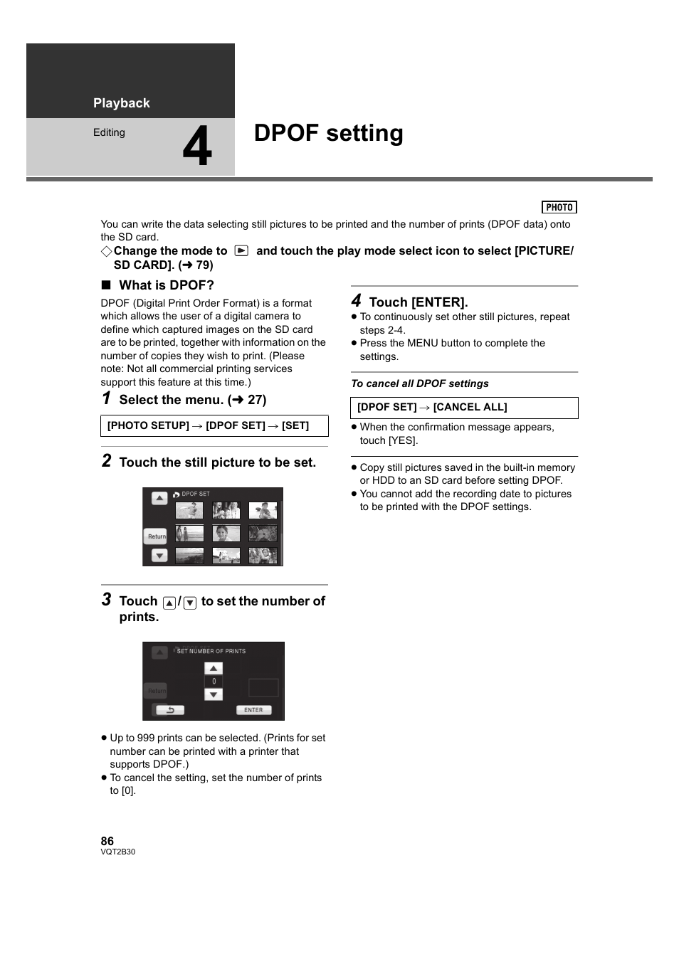 Dpof setting, 4] dpof setting, L 86) | Philips AVCHD HDC-TM20 User Manual | Page 86 / 148