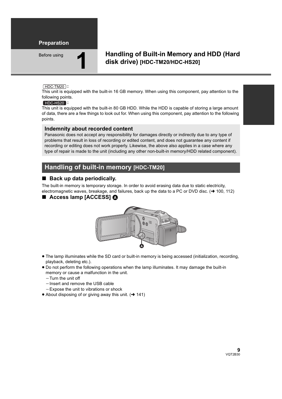 Preparation, Before using, Handling of built-in memory [hdc-tm20 | Reparat, 1] handling of built-in memory and hdd | Philips AVCHD HDC-TM20 User Manual | Page 9 / 148