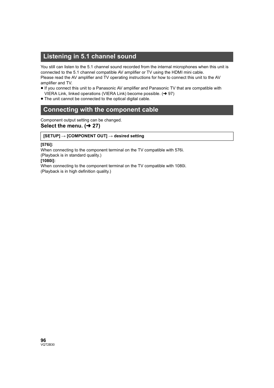 Listening in 5.1 channel sound, Connecting with the component cable, L 96) | Philips AVCHD HDC-TM20 User Manual | Page 96 / 148