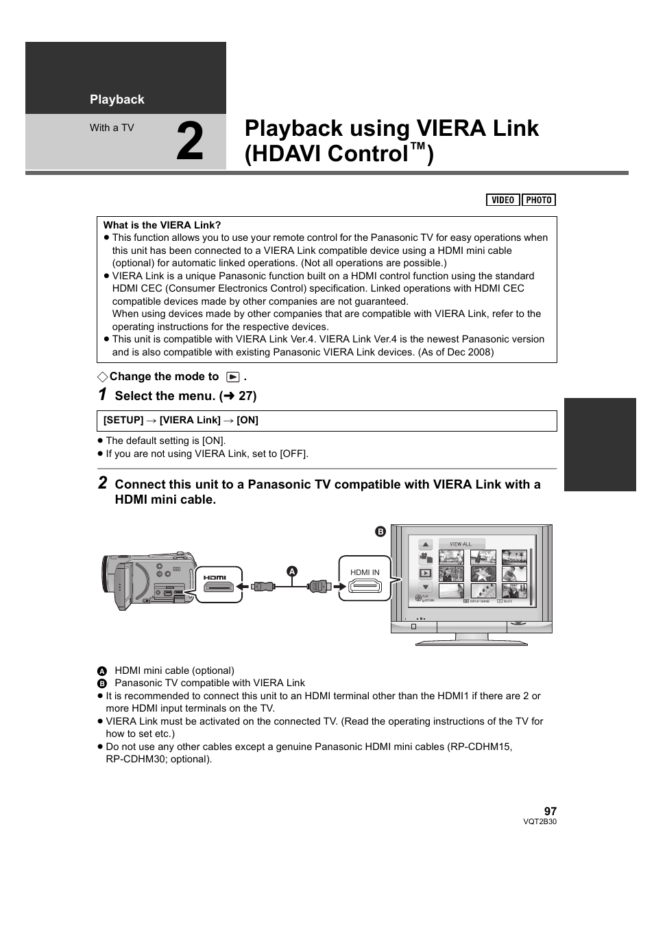 Playback using viera link (hdavi control™), Playback using viera link, Hdavi control | L 97), Playback using viera link (hdavi control | Philips AVCHD HDC-TM20 User Manual | Page 97 / 148