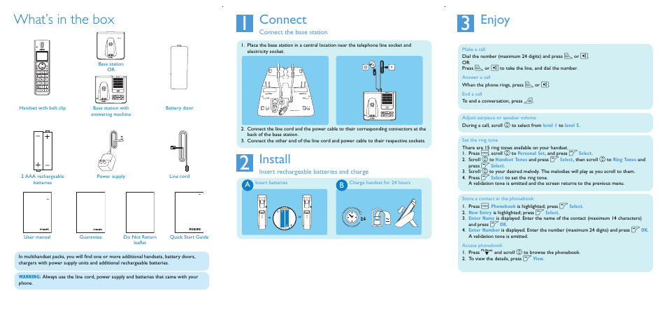 What’s in the box, Enjoy, Connect | Install | Philips SE4502B/17 User Manual | Page 2 / 6