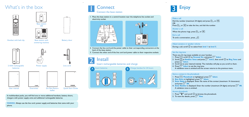 What’s in the box, Enjoy, Connect | Install | Philips SE4502B/17 User Manual | Page 4 / 6