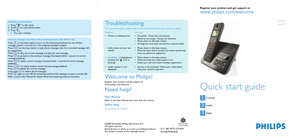 Quick start guide, Welcome to philips, Need help | Troubleshooting | Philips SE4502B/17 User Manual | Page 5 / 6