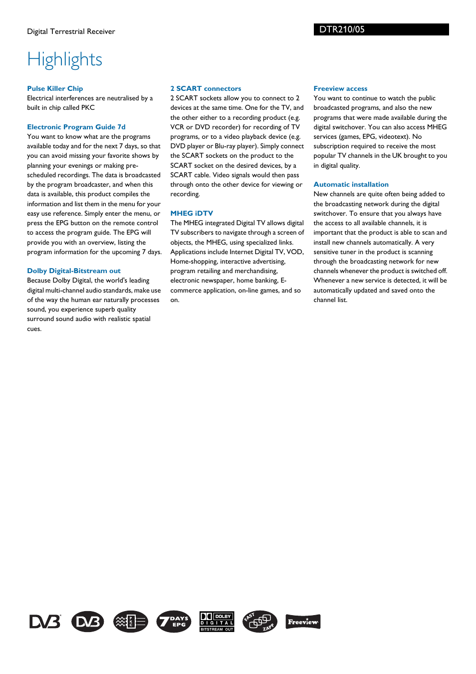 Highlights | Philips Digital Terrestrial Receiver DTR210 User Manual | Page 2 / 3