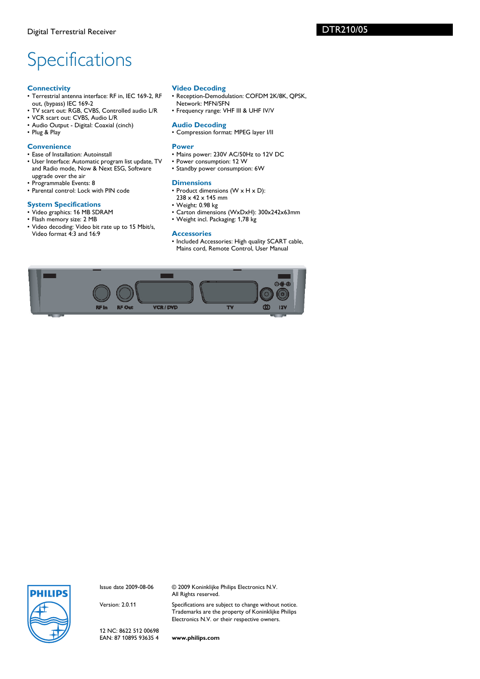 Specifications | Philips Digital Terrestrial Receiver DTR210 User Manual | Page 3 / 3