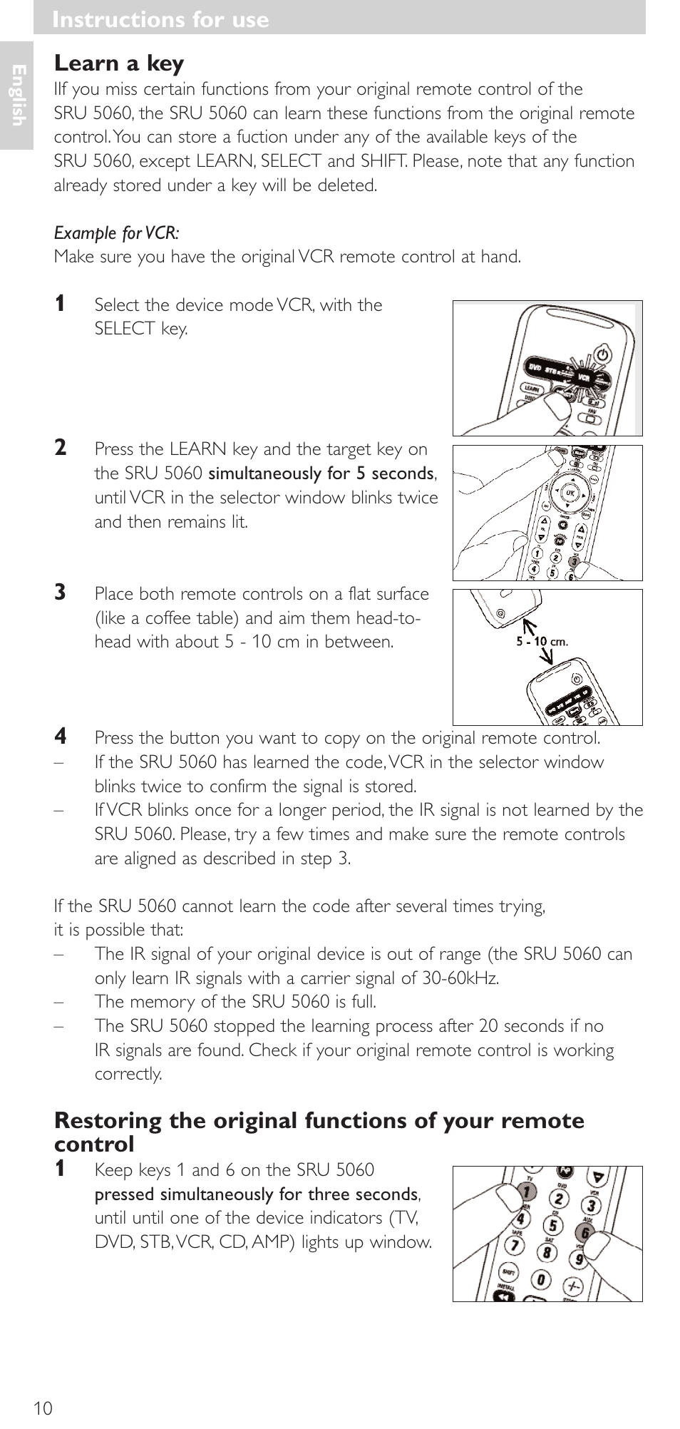 Learn a key, Instructions for use | Philips SRU 5086 User Manual | Page 10 / 104