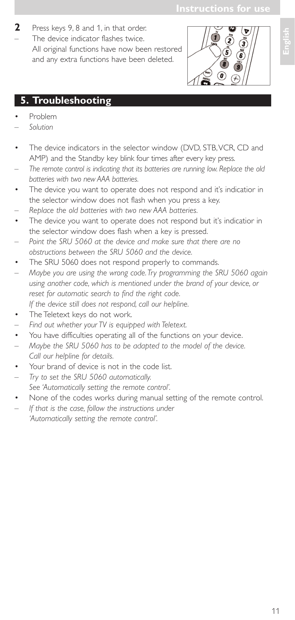 Troubleshooting, Instructions for use | Philips SRU 5086 User Manual | Page 11 / 104