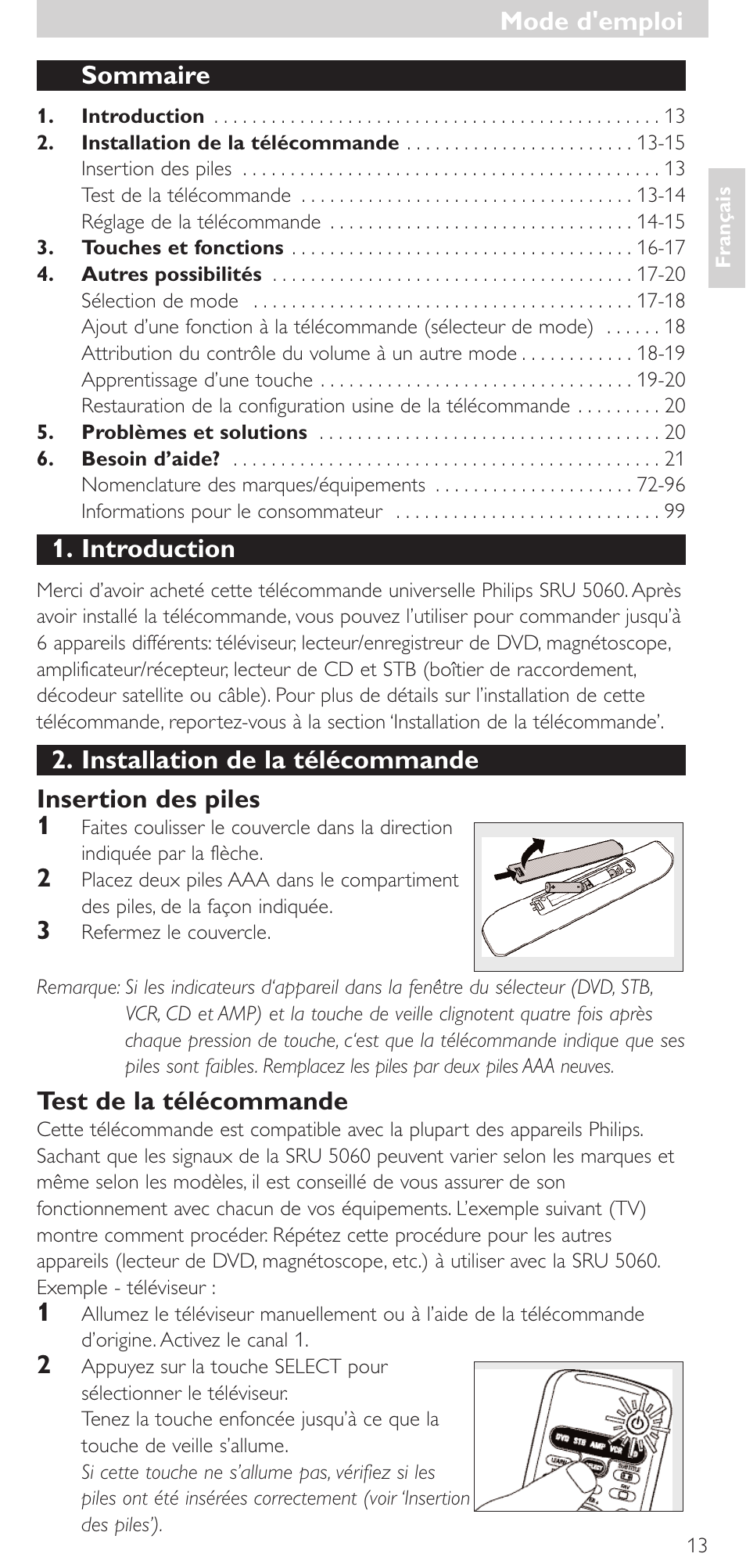 Sommaire, Introduction, Test de la télécommande | Mode d'emploi | Philips SRU 5086 User Manual | Page 13 / 104