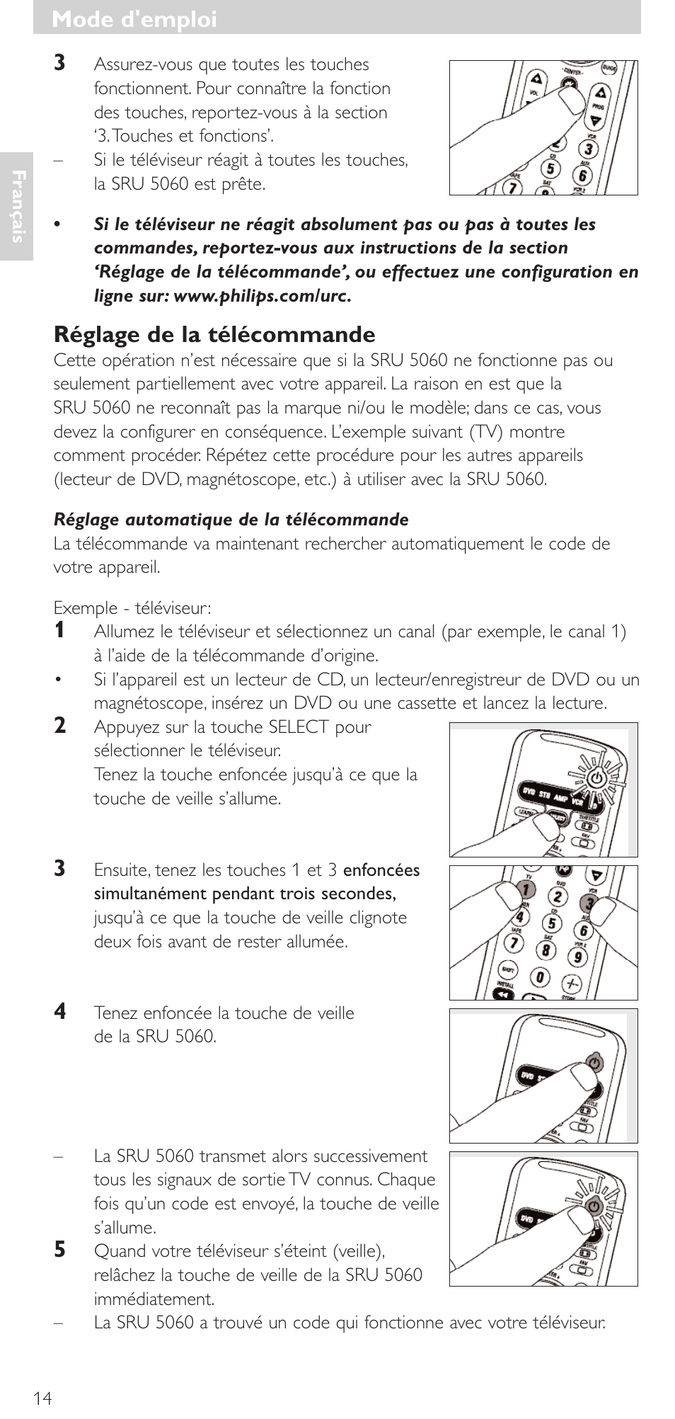 Mode d’emploi, Réglage de la télécommande, Mode d'emploi | Philips SRU 5086 User Manual | Page 14 / 104