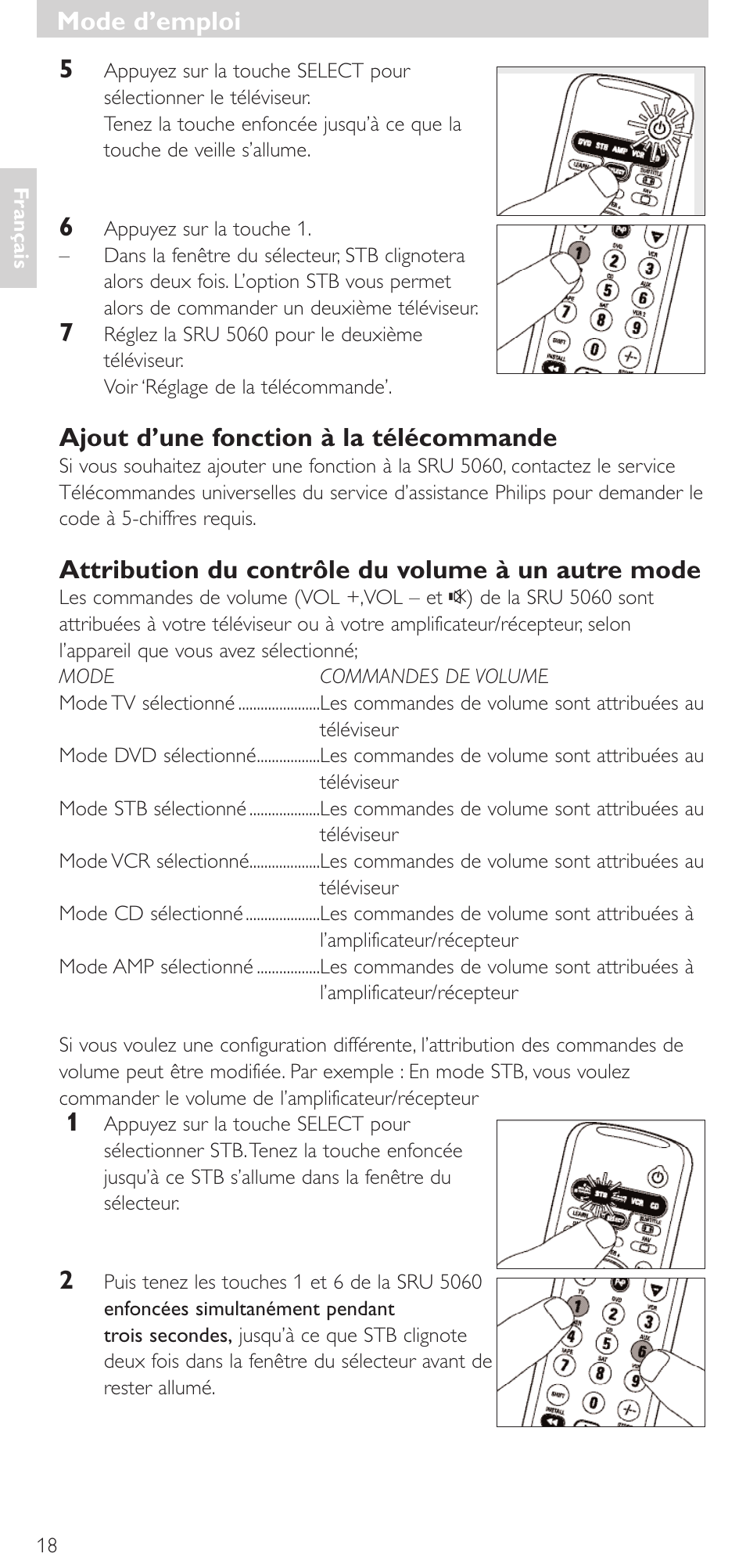 Ajout d’une fonction à la télécommande, Attribution du contrôle du volume à un autre mode, Mode d'emploi | Mode d’emploi | Philips SRU 5086 User Manual | Page 18 / 104