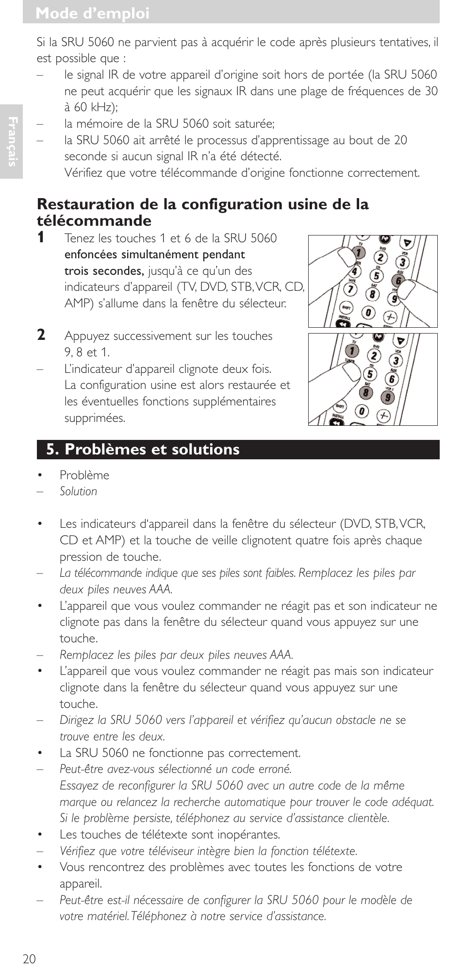 Problèmes et solutions, Mode d'emploi, Mode d’emploi | Philips SRU 5086 User Manual | Page 20 / 104