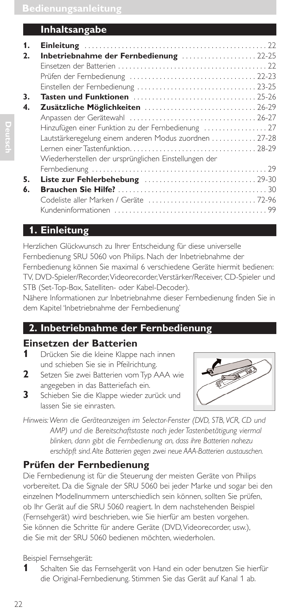 Bedienungsanleitung, Inhaltsangabe, Einleitung | Prüfen der fernbedienung | Philips SRU 5086 User Manual | Page 22 / 104