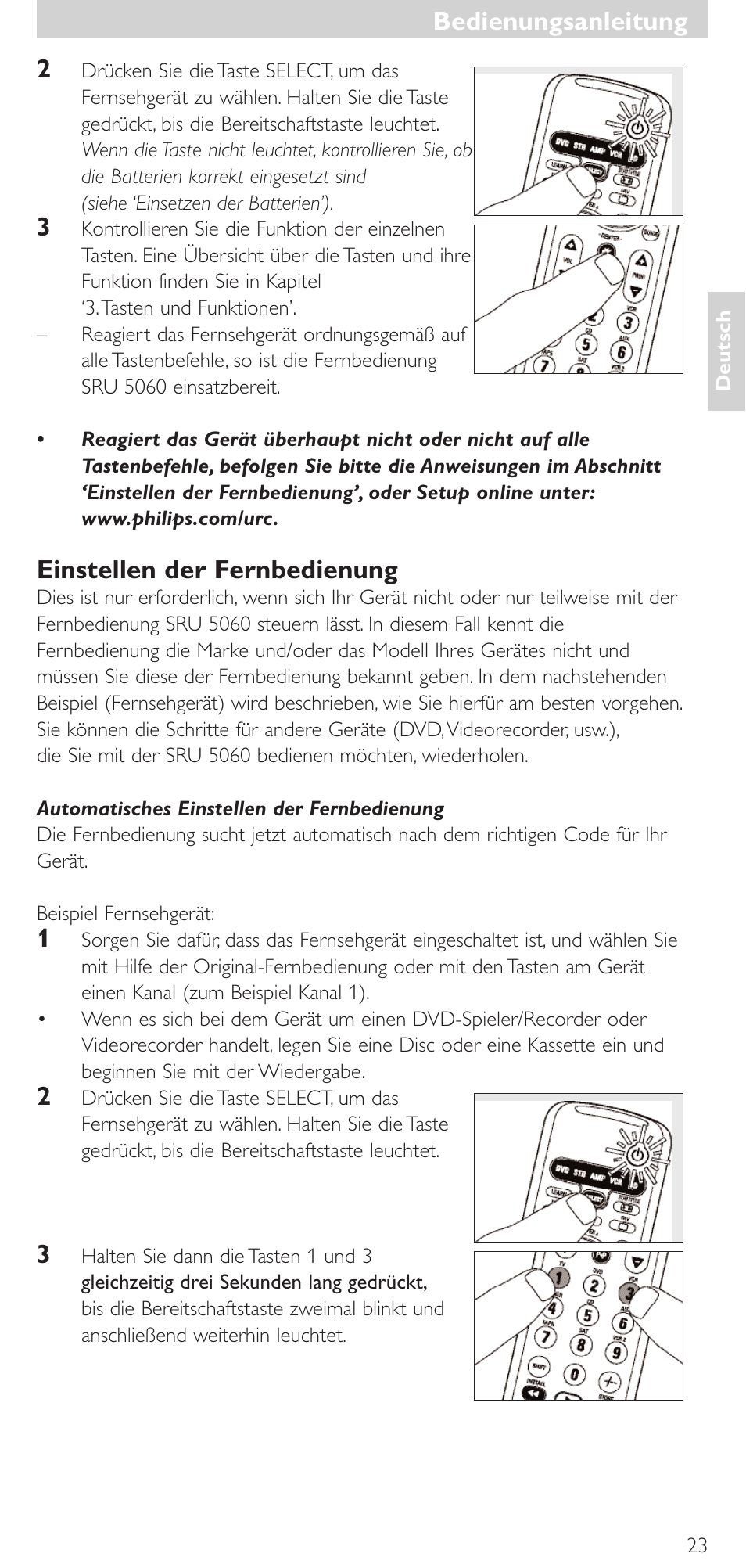 Bedienungsanleitung, Einstellen der fernbedienung | Philips SRU 5086 User Manual | Page 23 / 104