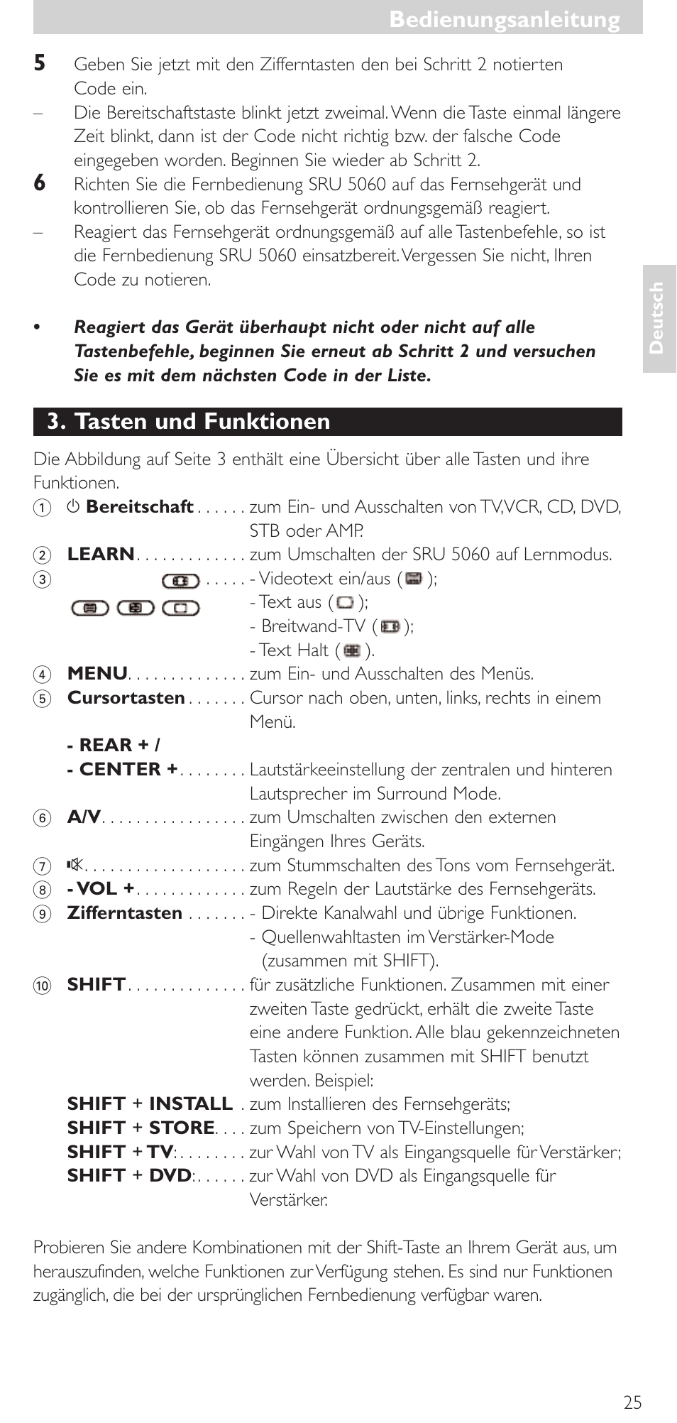 Tasten und funktionen, Bedienungsanleitung | Philips SRU 5086 User Manual | Page 25 / 104