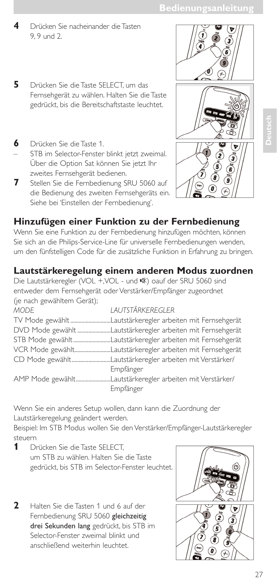 Hinzufügen einer funktion zu der fernbedienung, Lautstärkeregelung einem anderen modus zuordnen, Bedienungsanleitung | Philips SRU 5086 User Manual | Page 27 / 104