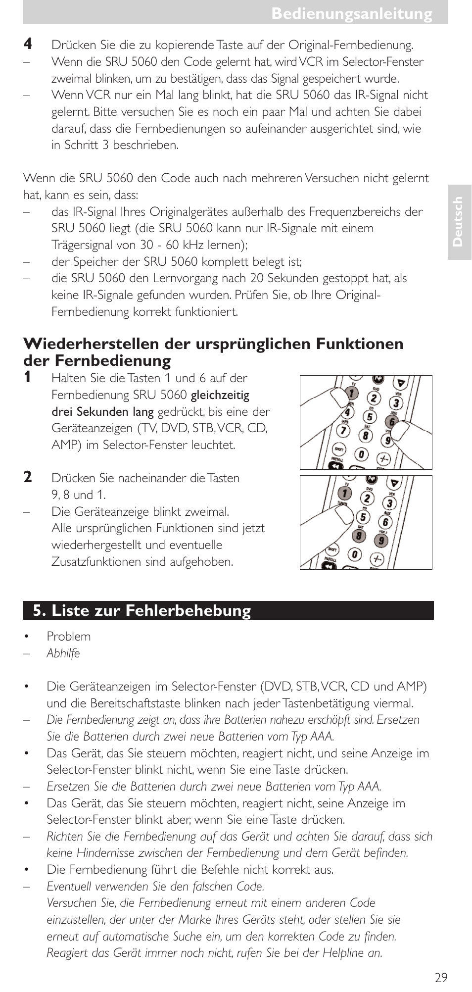 Liste zur fehlerbehebung, Bedienungsanleitung | Philips SRU 5086 User Manual | Page 29 / 104