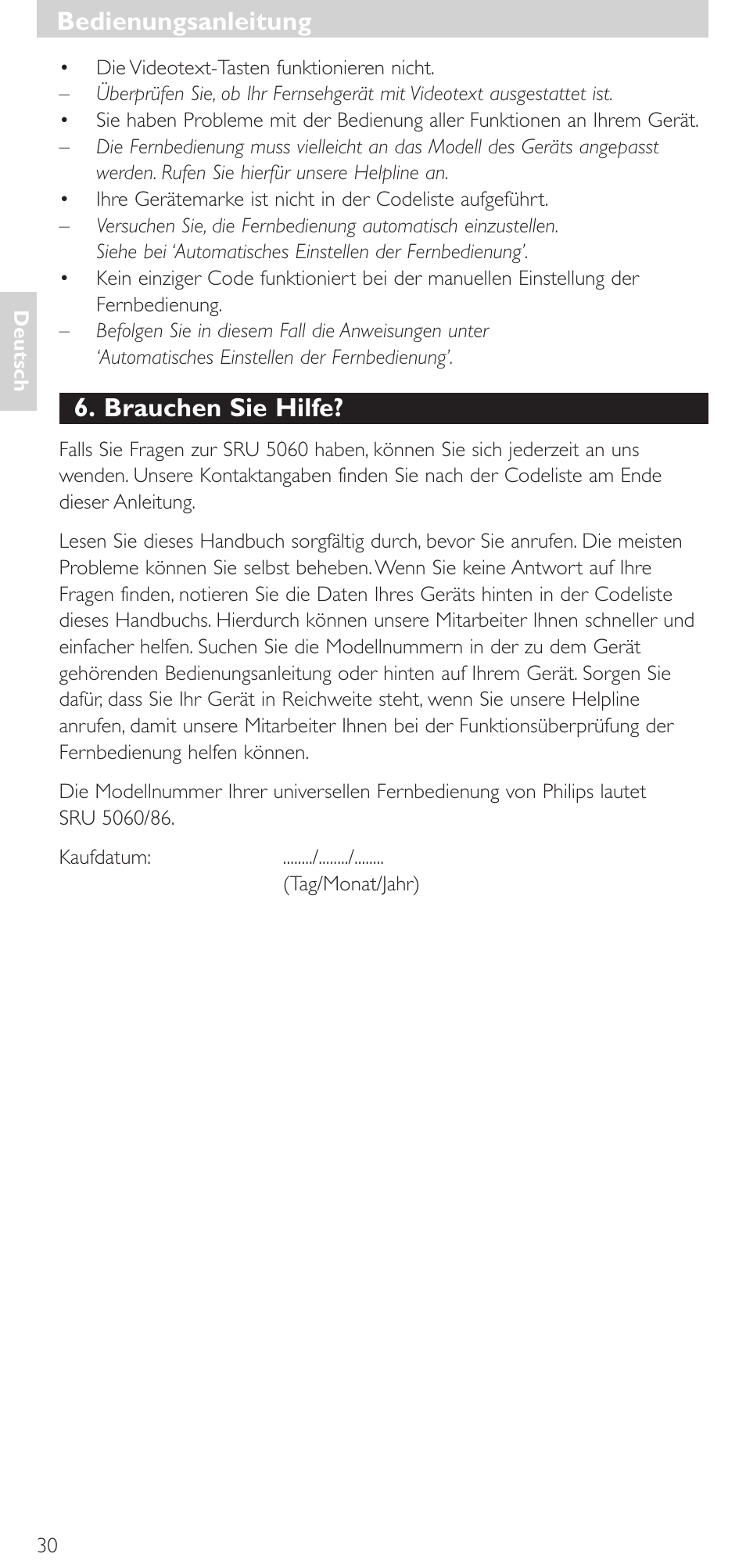 Brauchen sie hilfe, Bedienungsanleitung | Philips SRU 5086 User Manual | Page 30 / 104