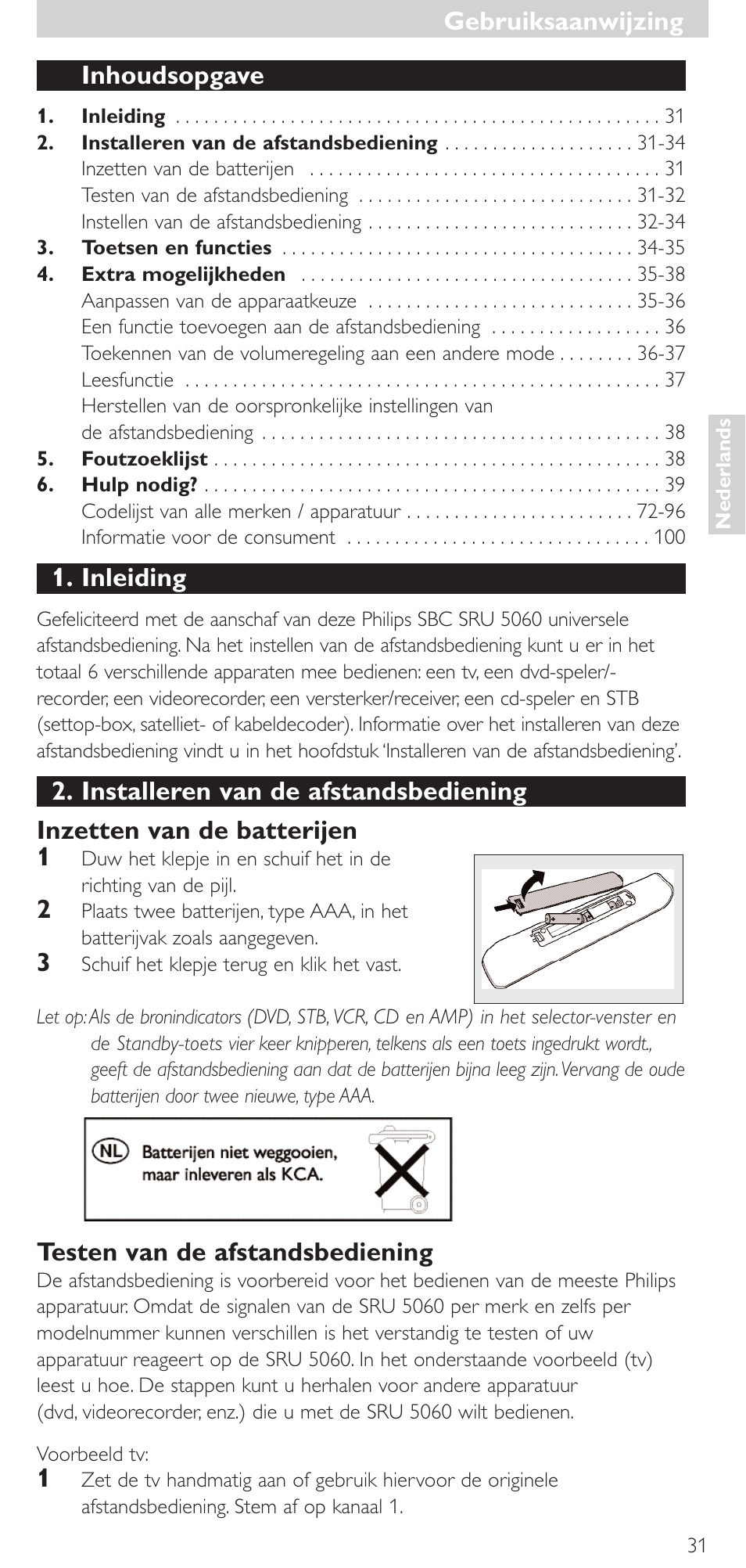 Inhoudsopgave, Inleiding, Testen van de afstandsbediening | Gebruiksaanwijzing | Philips SRU 5086 User Manual | Page 31 / 104