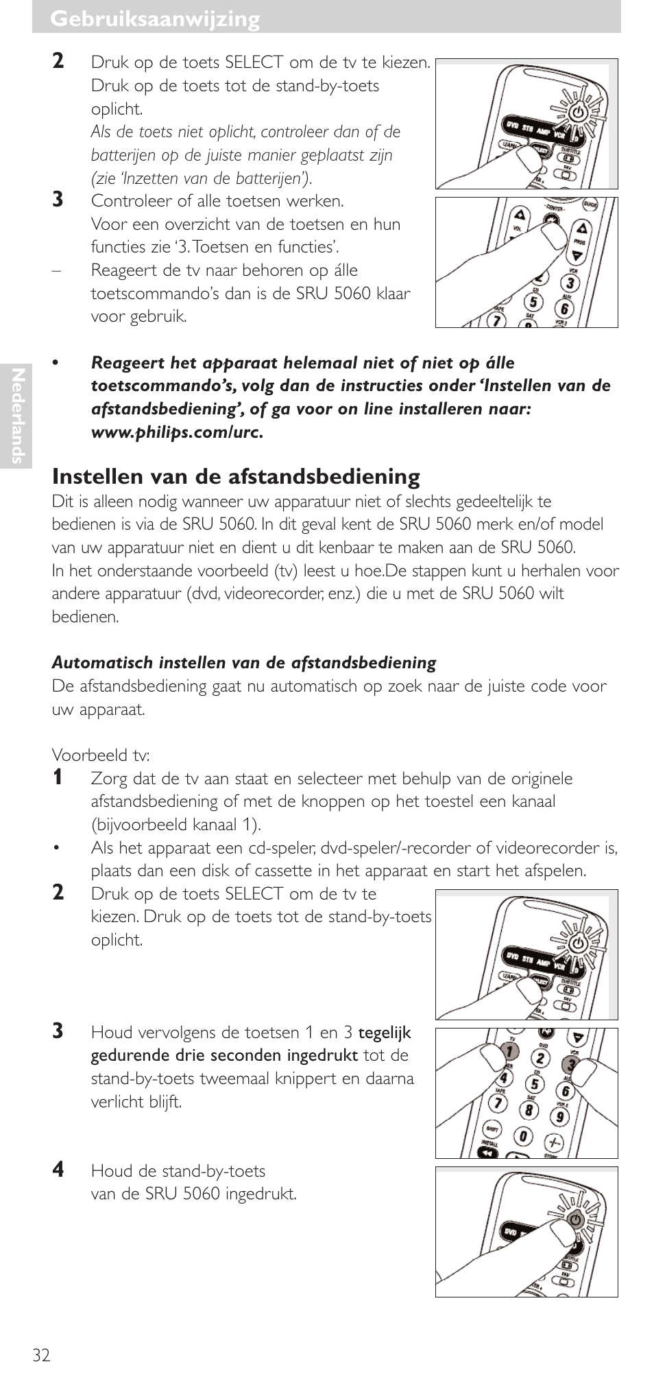 Gebruiksaanwijzing, Instellen van de afstandsbediening | Philips SRU 5086 User Manual | Page 32 / 104