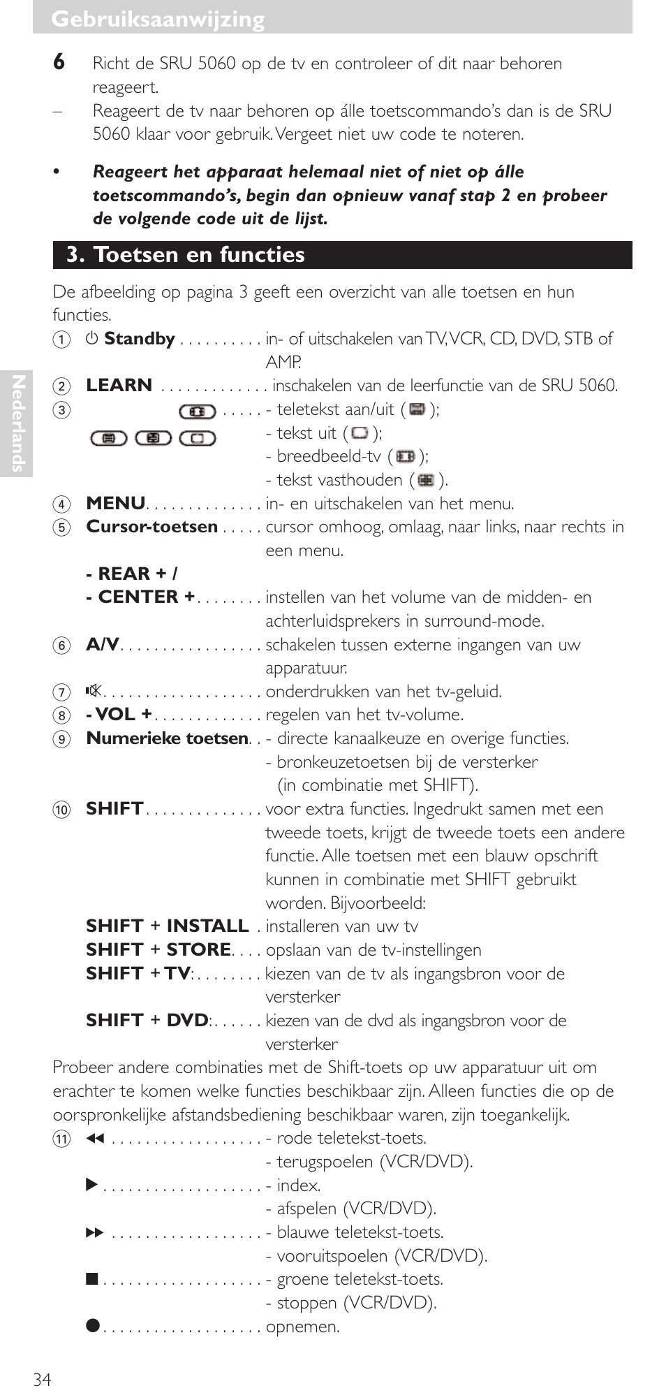 Toetsen en functies, Gebruiksaanwijzing | Philips SRU 5086 User Manual | Page 34 / 104