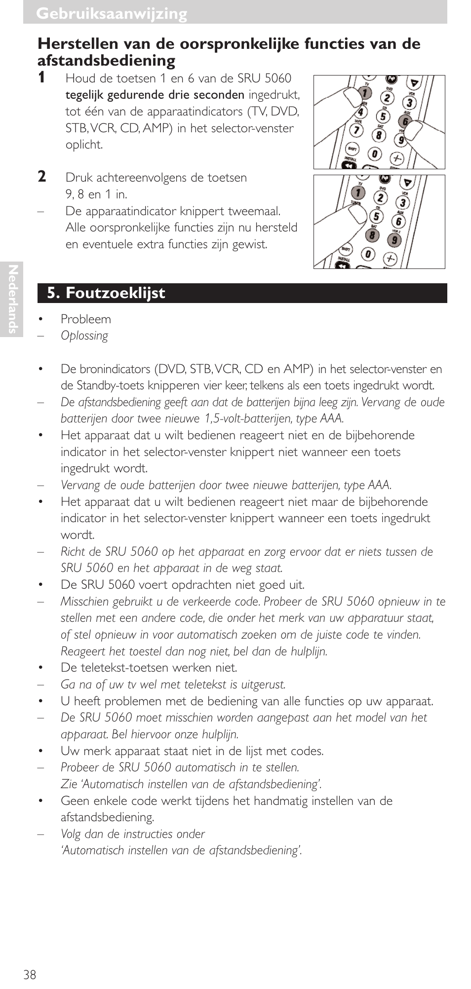 Foutzoeklijst, Gebruiksaanwijzing | Philips SRU 5086 User Manual | Page 38 / 104