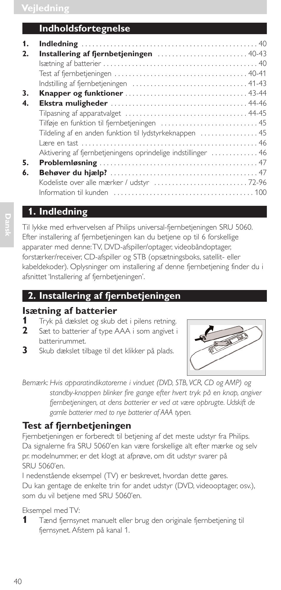 Vejledning, Indholdsfortegnelse, Indledning | Test af fjernbetjeningen | Philips SRU 5086 User Manual | Page 40 / 104